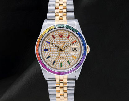 Rolex Datejust 36mm 16013  Diamond Paved Rainbow Hour Dial Two Tone Watch