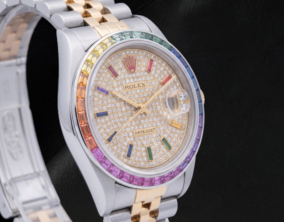 Rolex Datejust 36mm 16013  Diamond Paved Rainbow Hour Dial Two Tone Watch