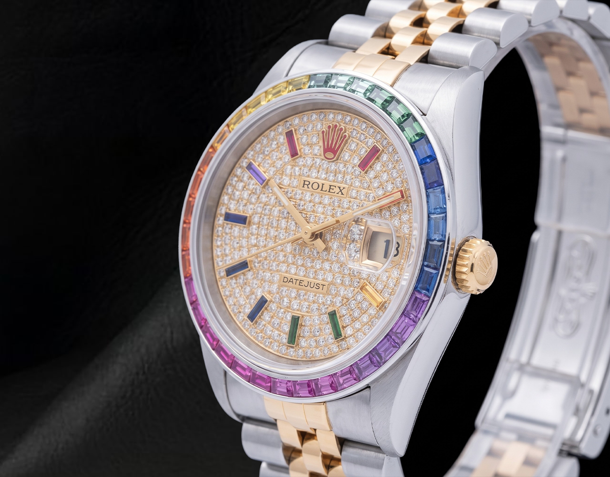 Rolex Datejust 36mm 16013  Diamond Paved Rainbow Hour Dial Two Tone Watch
