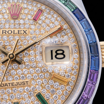 Rolex Datejust 36mm 16013  Diamond Paved Rainbow Hour Dial Two Tone Watch