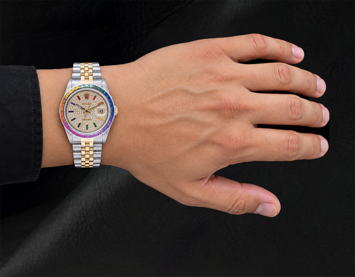 Rolex Datejust 36mm 16013  Diamond Paved Rainbow Hour Dial Two Tone Watch