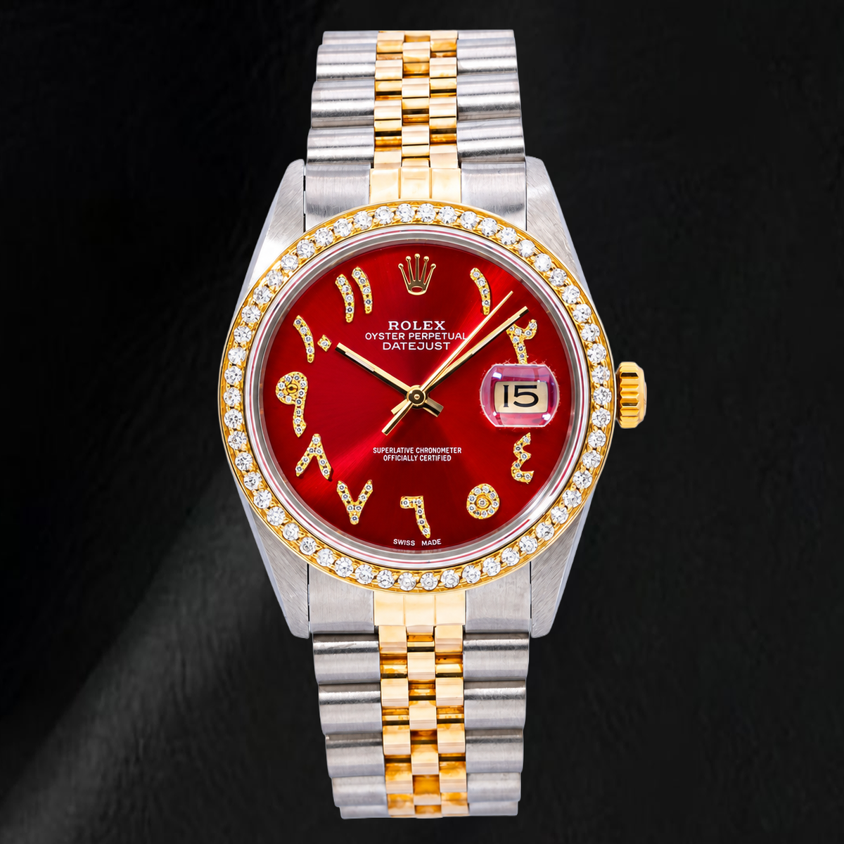 Rolex Datejust 36mm 16013 Red Roman Diamond Dial Two Tone Watch