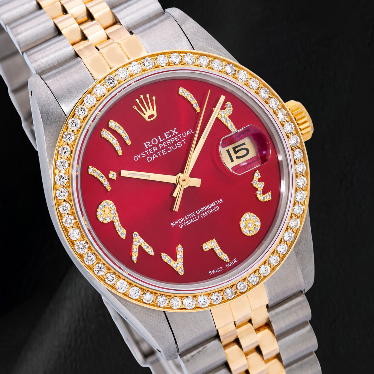 Rolex Datejust 36mm 16013 Red Roman Diamond Dial Two Tone Watch