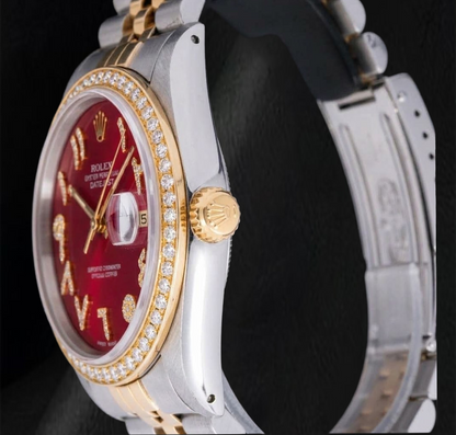Rolex Datejust 36mm 16013 Red Roman Diamond Dial Two Tone Watch