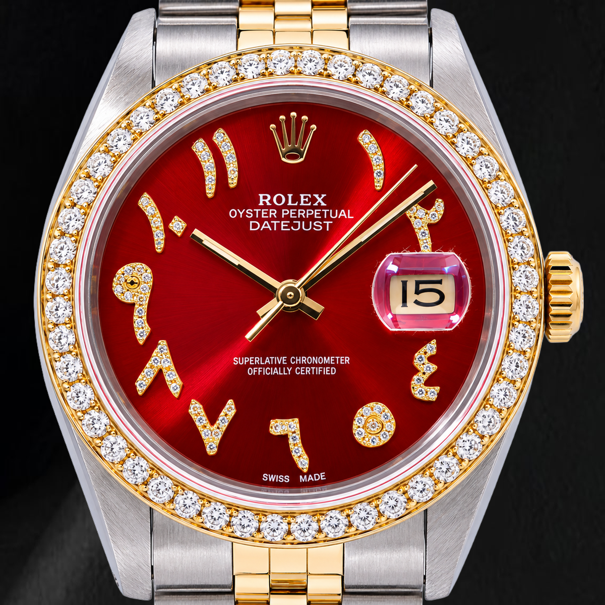 Rolex Datejust 36mm 16013 Red Roman Diamond Dial Two Tone Watch