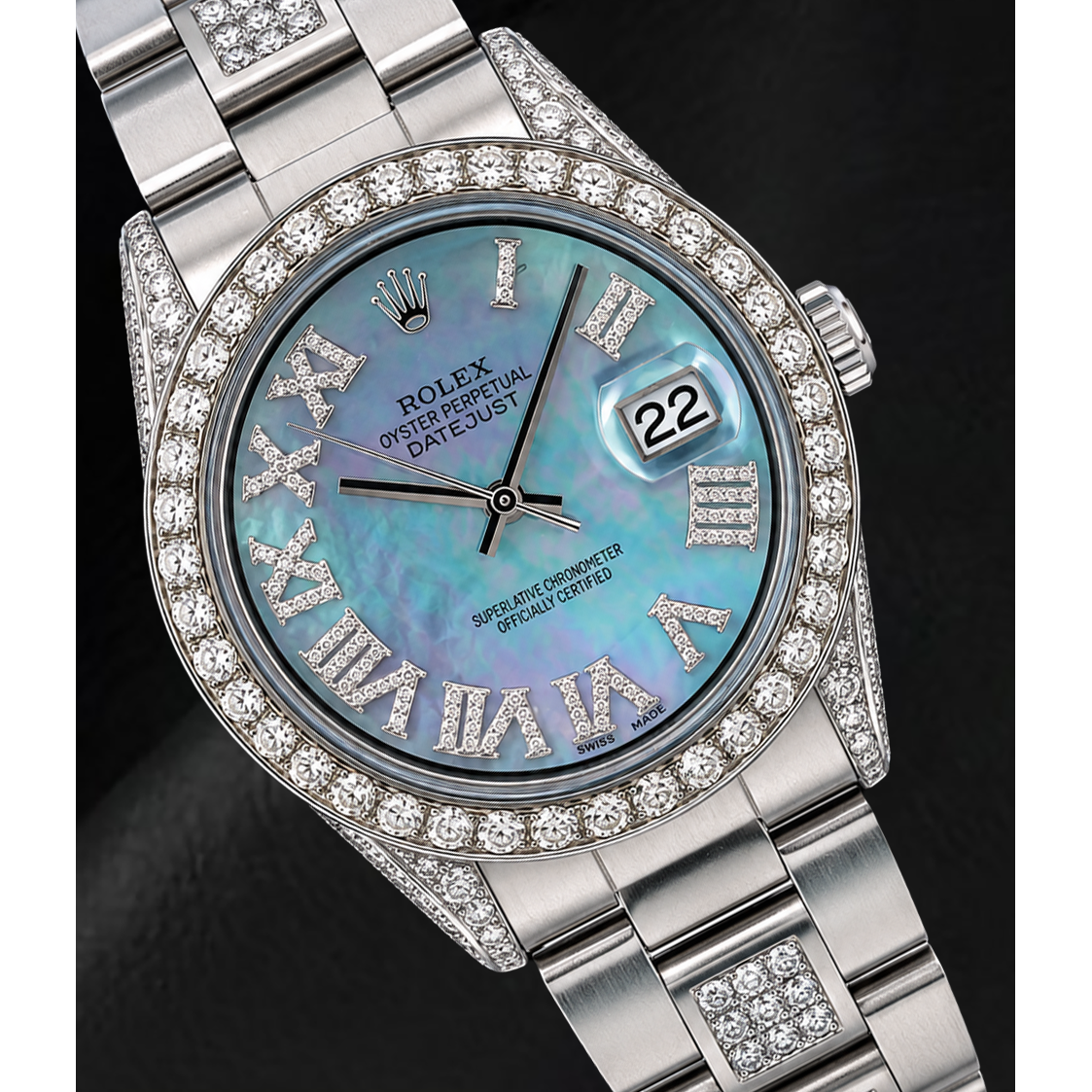Rolex Datejust 36mm 1601 Blue Mother of Pearl Roman Diamond Dial Stainless Steel Watch