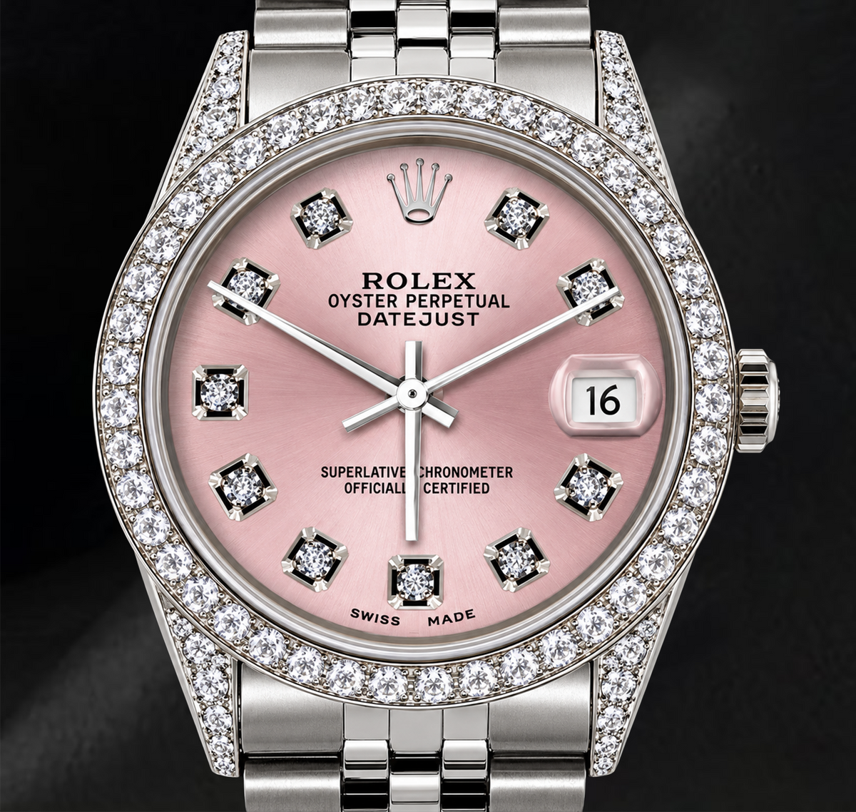 Rolex Datejust 36mm 16200 Pink Diamond Dial Diamond Bezel Stainless Steel Watch