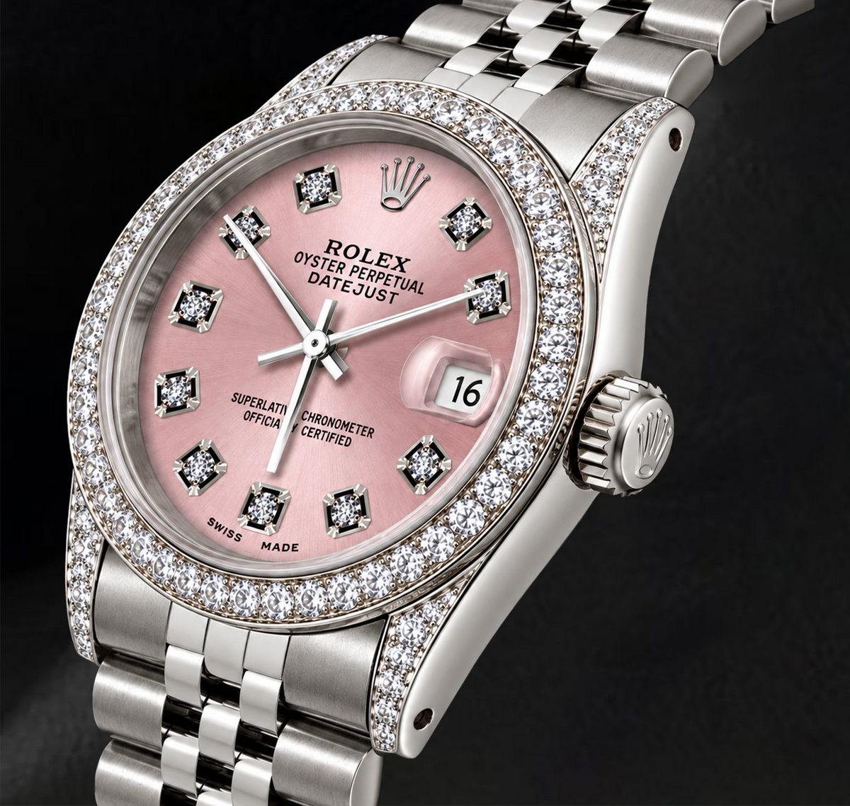 Rolex Datejust 36mm 16200 Pink Diamond Dial Diamond Bezel Stainless Steel Watch