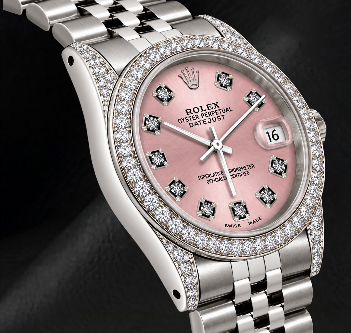 Rolex Datejust 36mm 16200 Pink Diamond Dial Diamond Bezel Stainless Steel Watch
