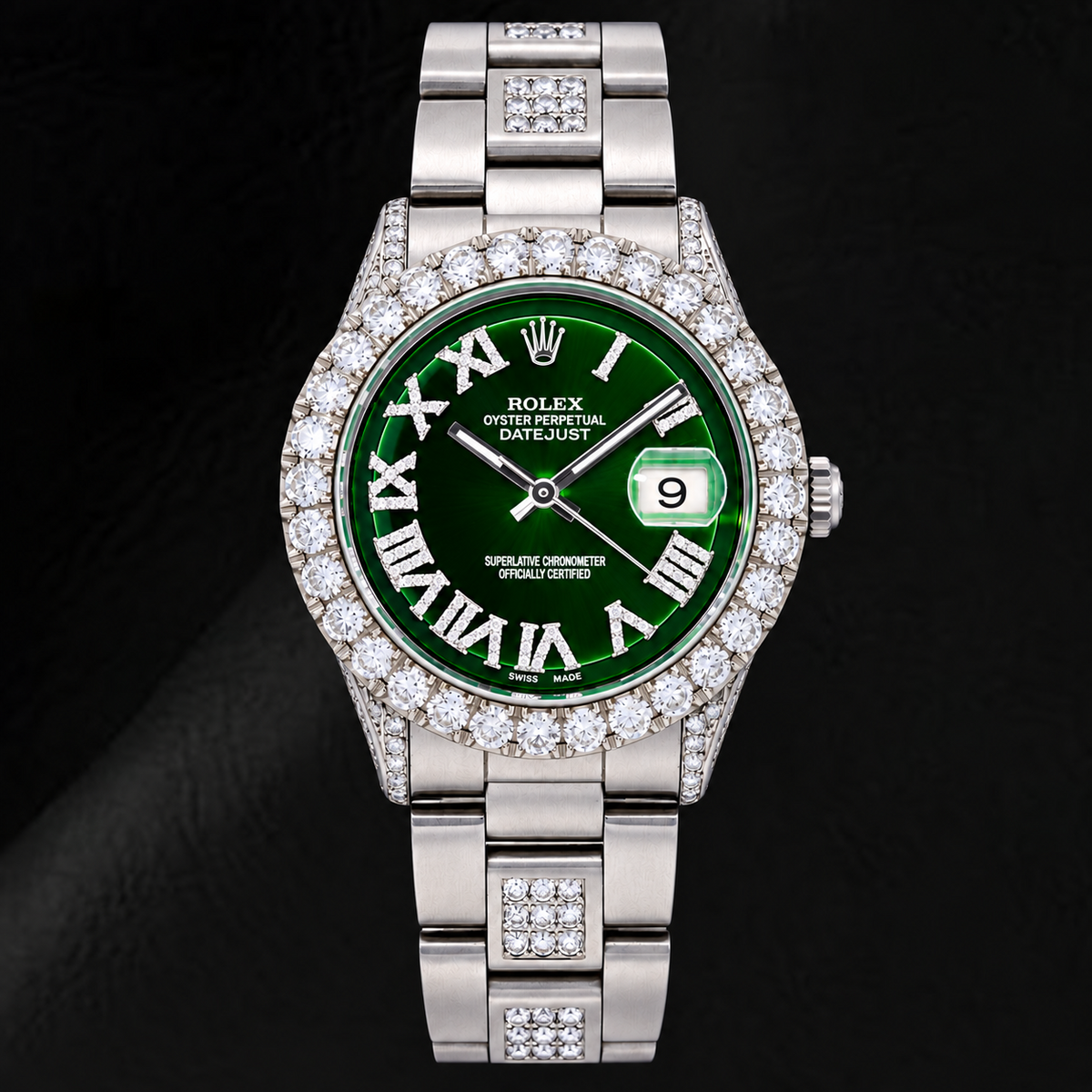 Rolex Datejust 36mm 6605 Green Roman Diamond Dial Diamond Bezel Stainless Steel 