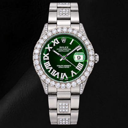 Rolex Datejust 36mm 6605 Green Roman Diamond Dial Diamond Bezel Stainless Steel 