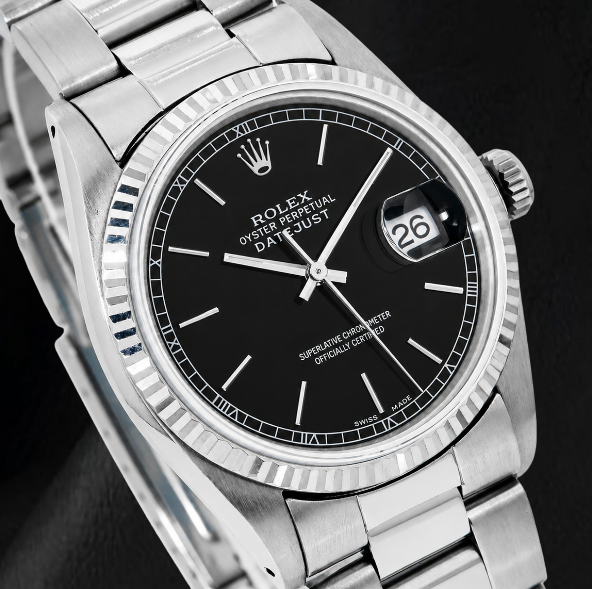 Rolex Datejust 36mm Black Stick Dial Oyster Bracelet Stainless Steel Watch