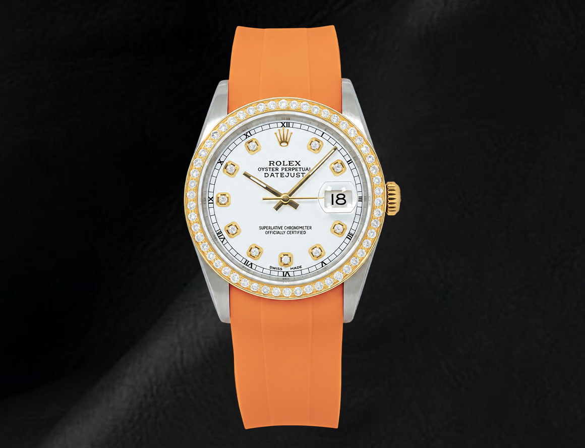 Rolex Datejust 36mm White Diamond Dial Orange Rubber Strap 16013 Watch