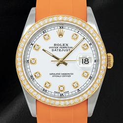 Rolex Datejust 36mm White Diamond Dial Orange Rubber Strap 16013 Watch