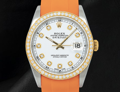 Rolex Datejust 36mm White Diamond Dial Orange Rubber Strap 16013 Watch