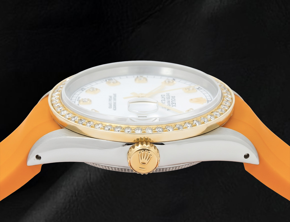 Rolex Datejust 36mm White Diamond Dial Orange Rubber Strap 16013 Watch
