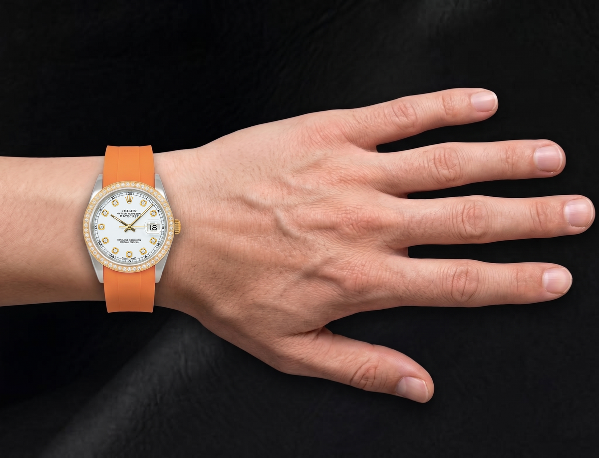 Rolex Datejust 36mm White Diamond Dial Orange Rubber Strap 16013 Watch
