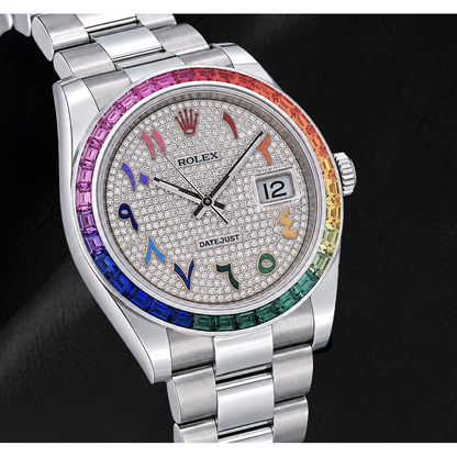 Rolex Datejust 41mm 126300 Diamond Paved Rainbow Eastern Arabic Dial Stainless Steel Watch