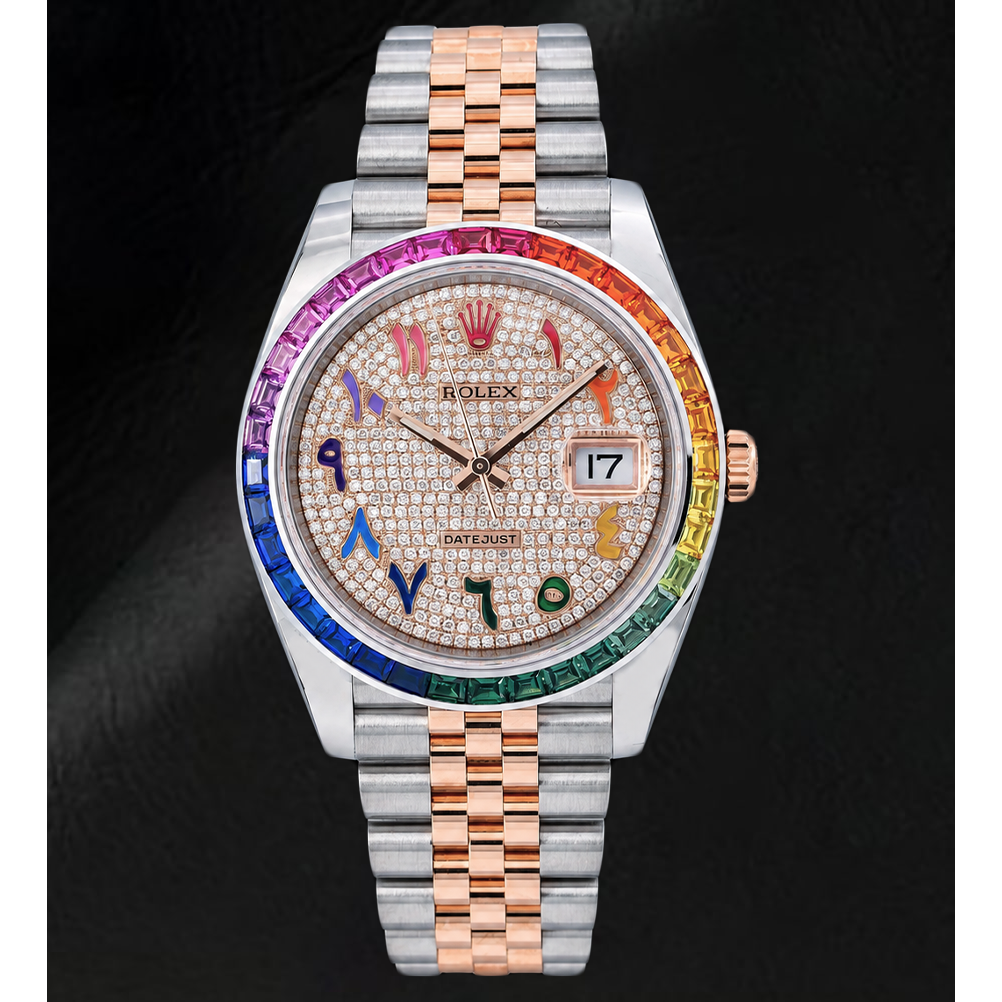 Rolex Datejust 41mm 126331 Diamond Paved Rainbow Eastern Arabic Dial Two Tone Watch