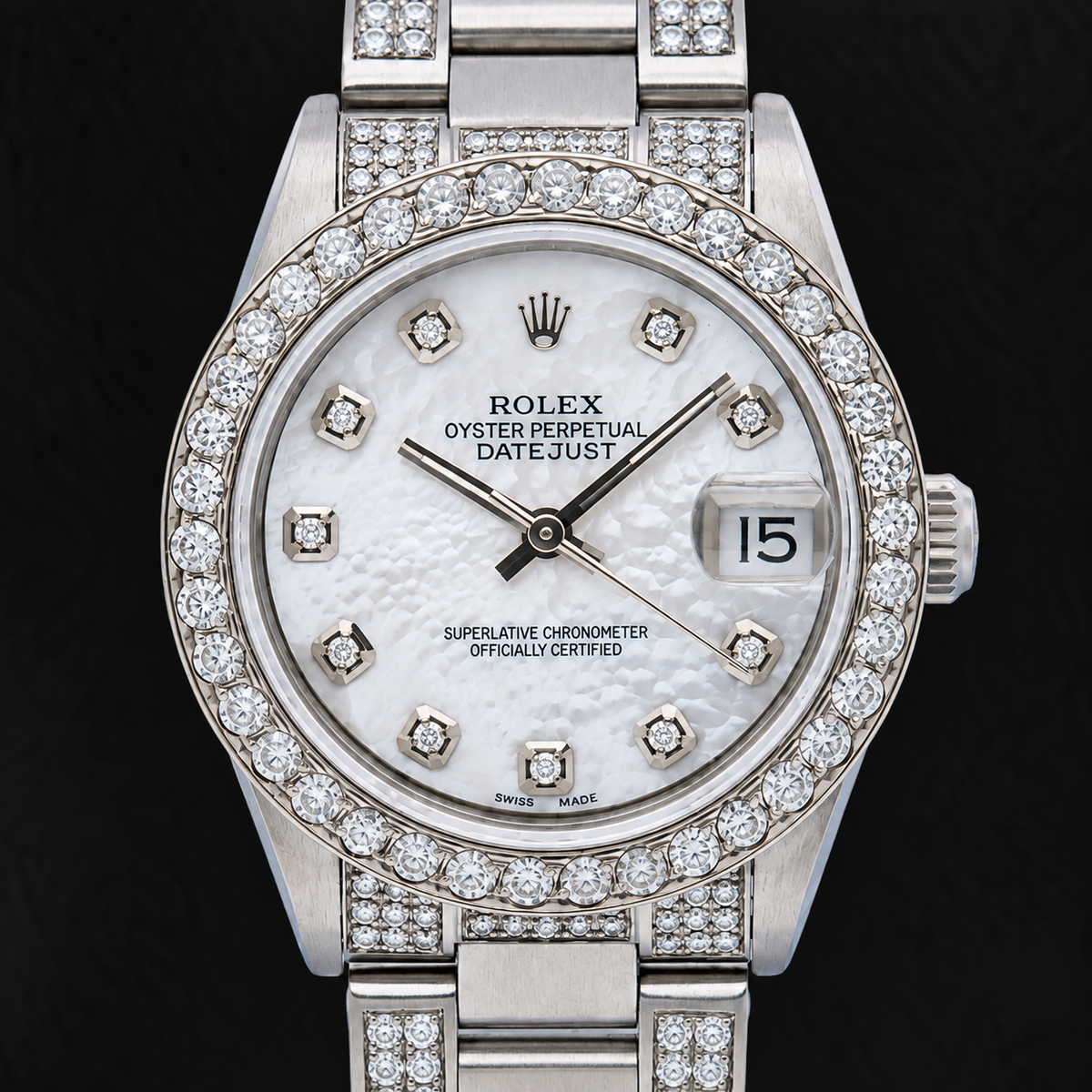 Rolex Datejust 68240 31 mm White Mother Of Pearl Diamond Dial Stainless Steel Watch
