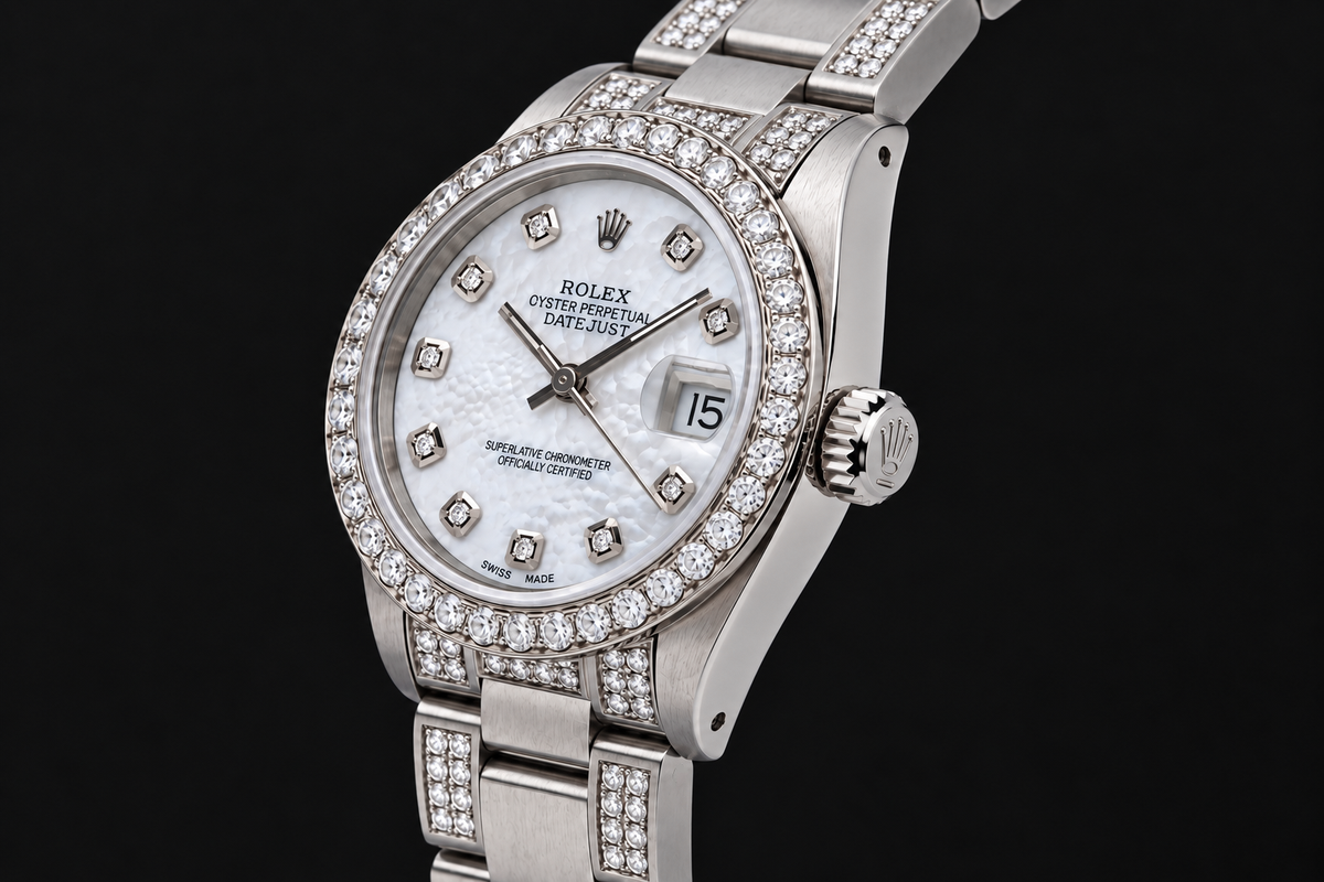 Rolex Datejust 68240 31 mm White Mother Of Pearl Diamond Dial Stainless Steel Watch
