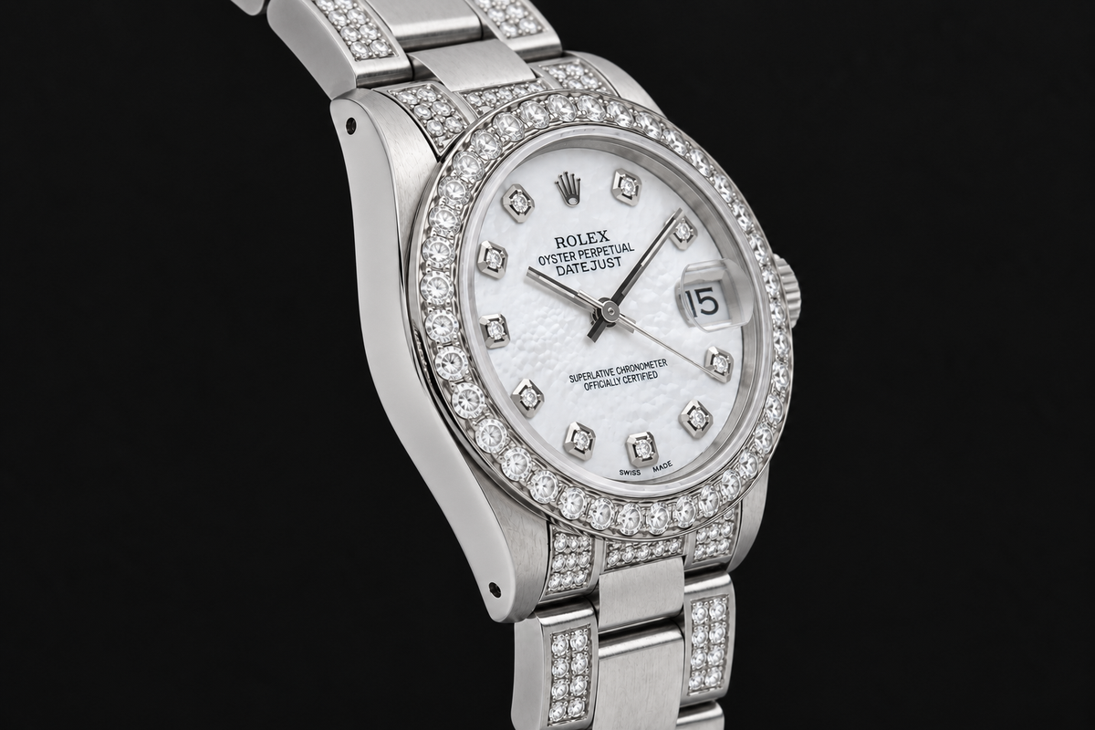 Rolex Datejust 68240 31 mm White Mother Of Pearl Diamond Dial Stainless Steel Watch