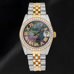 Rolex Datejust 6824 31mm Black Mother of Pearl Roman Diamond Dial Two Tone Jubilee Bracelet