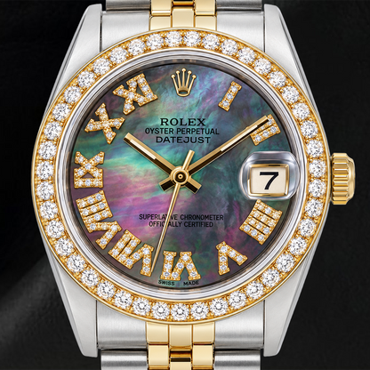 Rolex Datejust 6824 31mm Black Mother of Pearl Roman Diamond Dial Two Tone Jubilee Bracelet