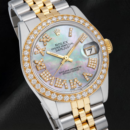 Rolex Datejust 6824 31mm Black Mother of Pearl Roman Diamond Dial Two Tone Jubilee Bracelet