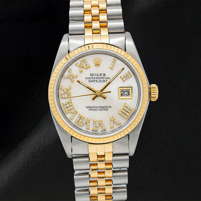Rolex Datejust 6824 31mm White Mother of Pearl Roman Diamond Dial Two Tone Jubilee Bracelet Watch