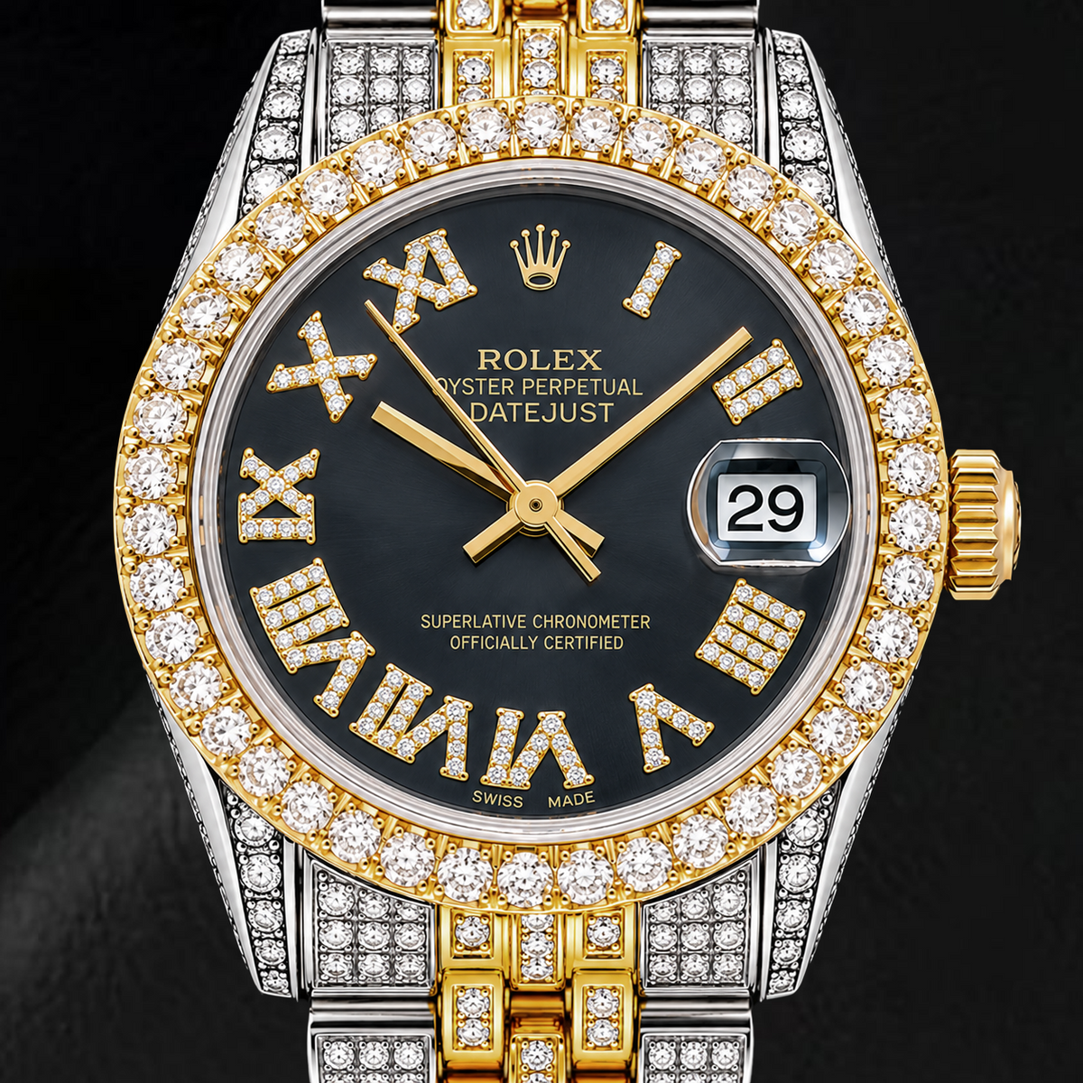 Rolex Datejust 68273 31mm Black Roman Diamond Dial Two Tone Watch
