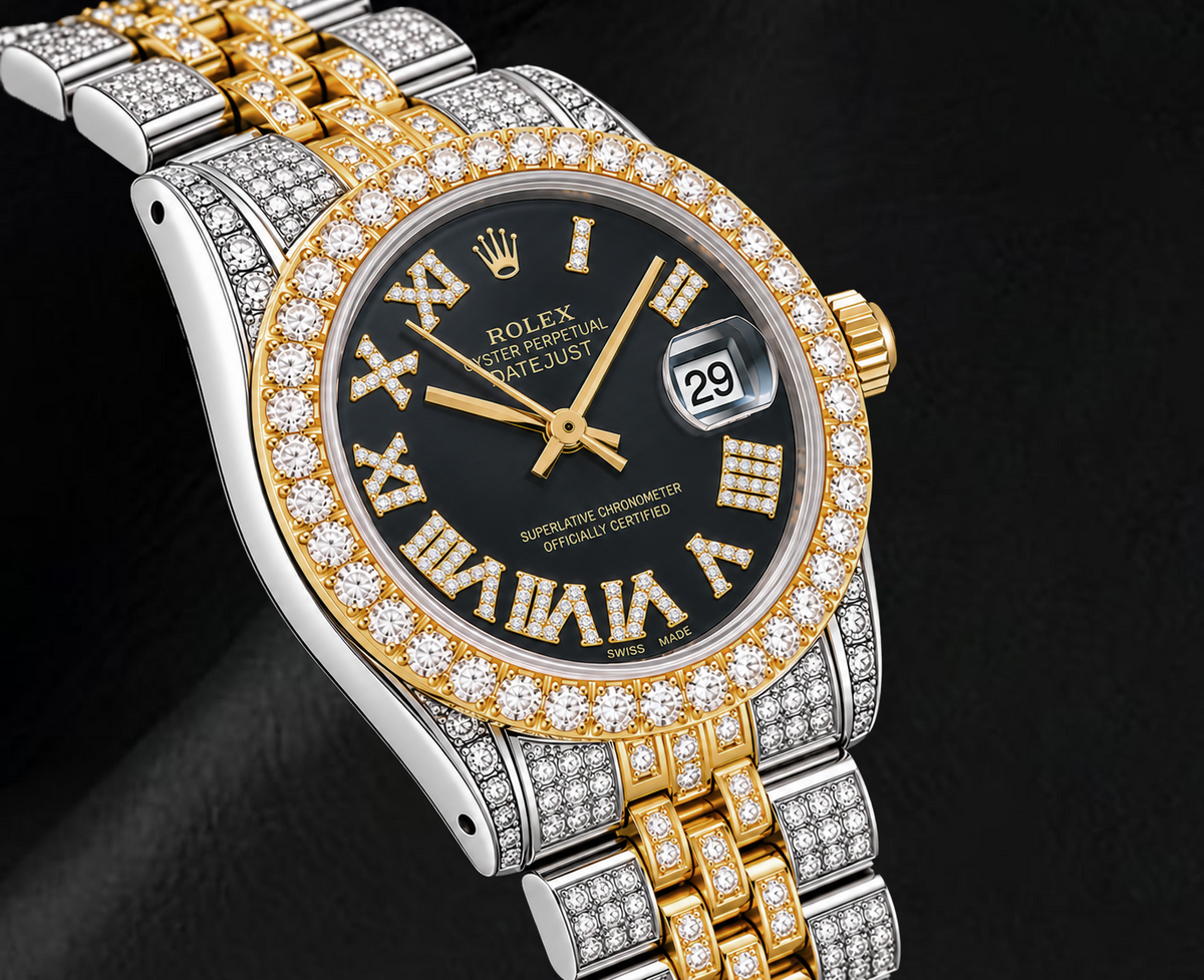 Rolex Datejust 68273 31mm Black Roman Diamond Dial Two Tone Watch