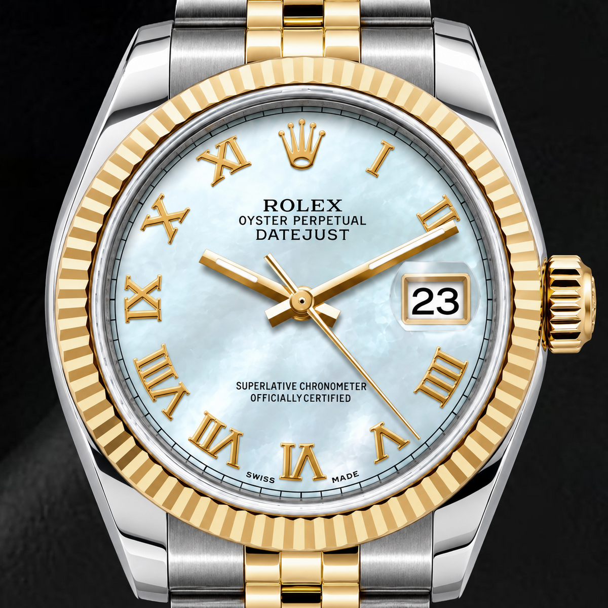 Rolex Datejust 68273 31mm Blue Mother of Pearl Roman Dial Two Tone Watch