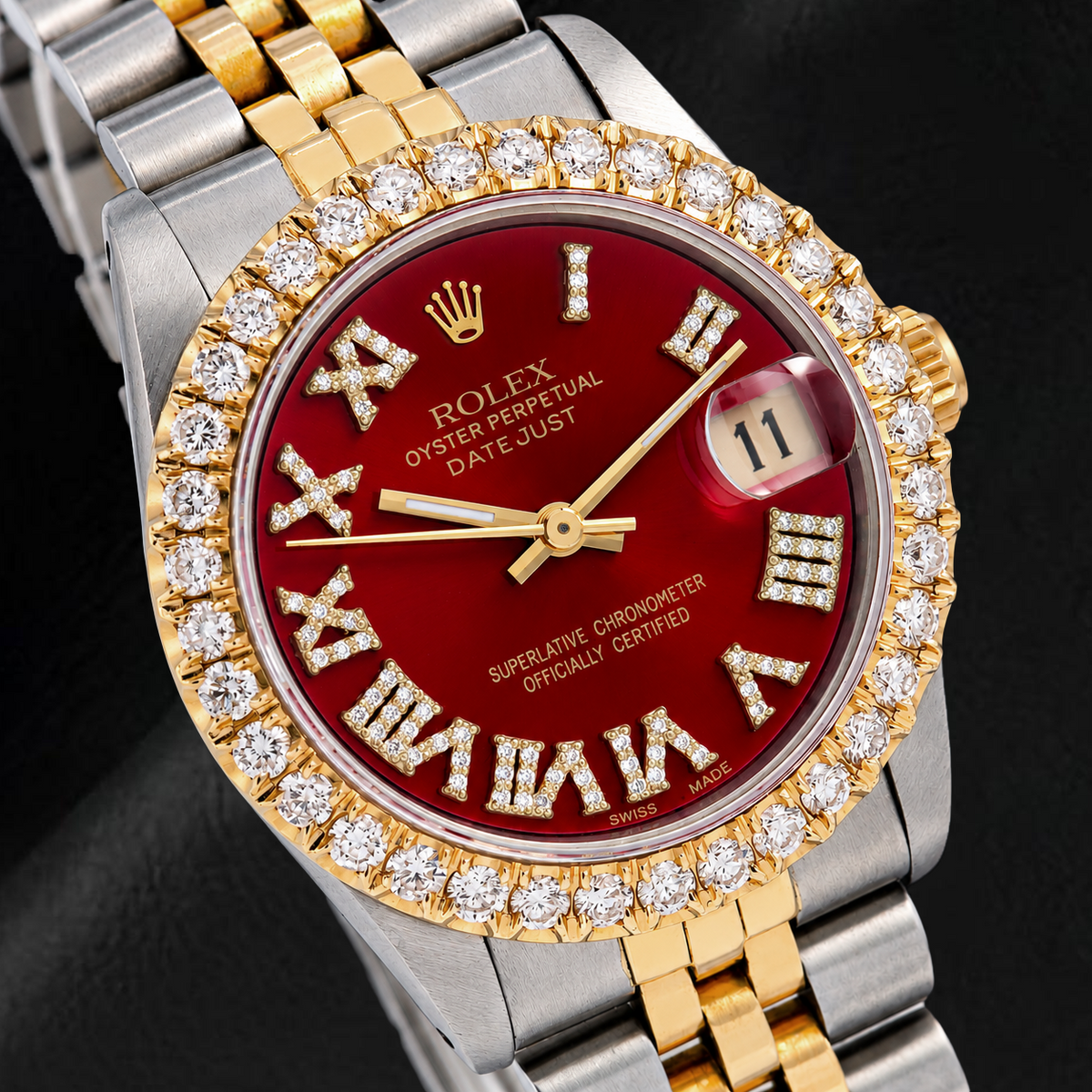 Rolex Datejust 68273 31mm Red Roman Diamond Dial Two Tone Jubilee Bracelet Watch
