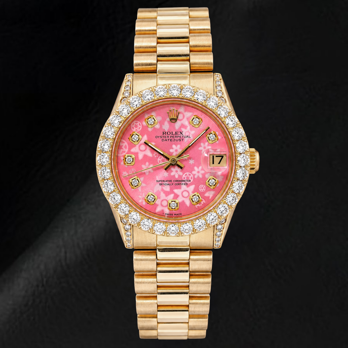 Rolex Datejust 68278 31mm Pink Floral Diamond Dial Yellow Gold Watch