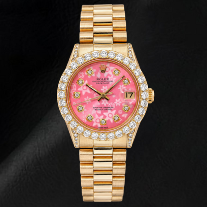 Rolex Datejust 68278 31mm Pink Floral Diamond Dial Yellow Gold Watch