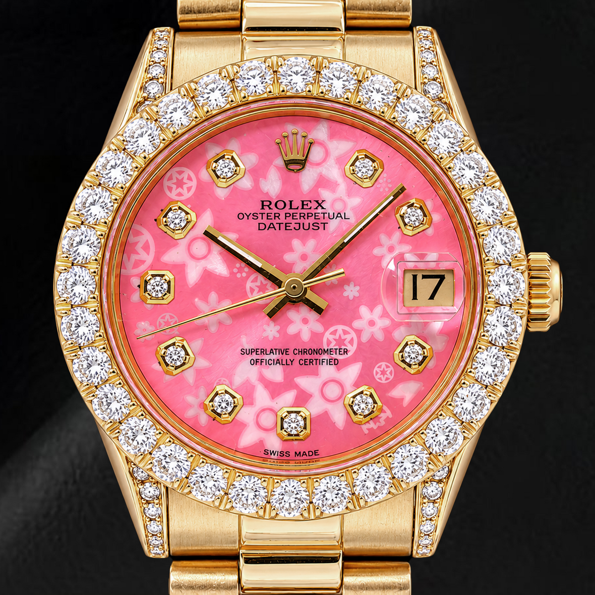 Rolex Datejust 68278 31mm Pink Floral Diamond Dial Yellow Gold Watch