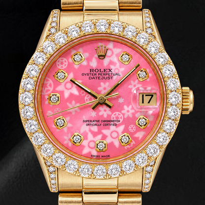 Rolex Datejust 68278 31mm Pink Floral Diamond Dial Yellow Gold Watch