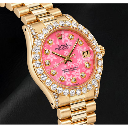 Rolex Datejust 68278 31mm Pink Floral Diamond Dial Yellow Gold Watch