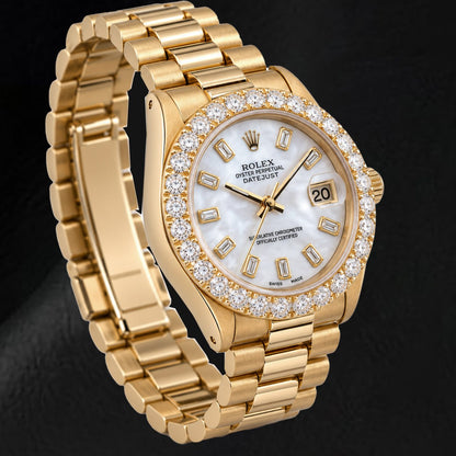 Rolex Datejust 6827 31MM White Mother of Pearl Diamond Dial Yellow Gold Watch