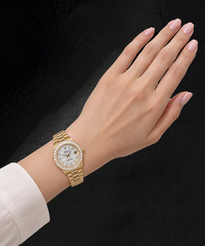 Rolex Datejust 6827 31MM White Mother of Pearl Diamond Dial Yellow Gold Watch