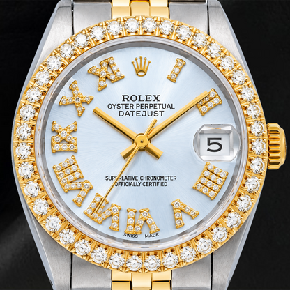 Rolex Datejust 6827 31mm Blue Roman Diamond Dial Two Tone Jubilee Bracelet Watch