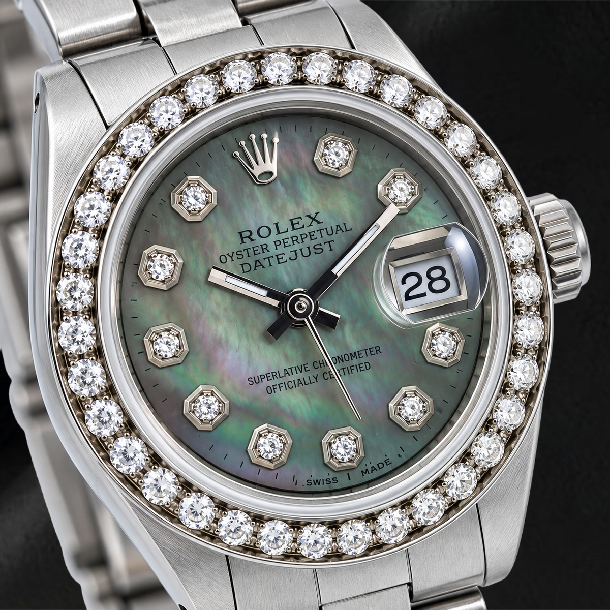 Rolex Datejust 69160 26mm Black Mother of Pearl Diamond Dial Stainless Steel Watch