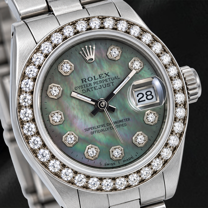 Rolex Datejust 69160 26mm Black Mother of Pearl Diamond Dial Stainless Steel Watch