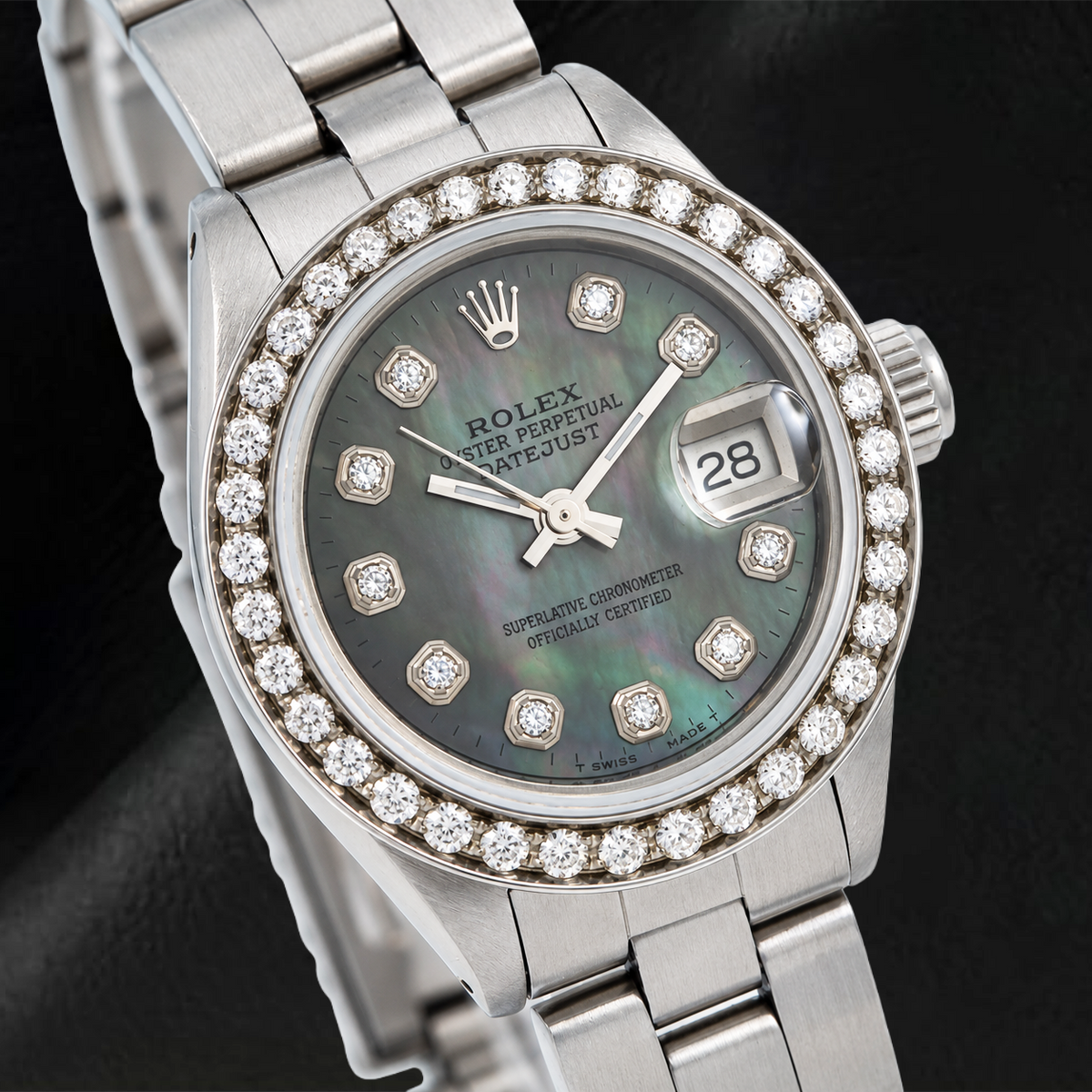Rolex Datejust 69160 26mm Black Mother of Pearl Diamond Dial Stainless Steel Watch