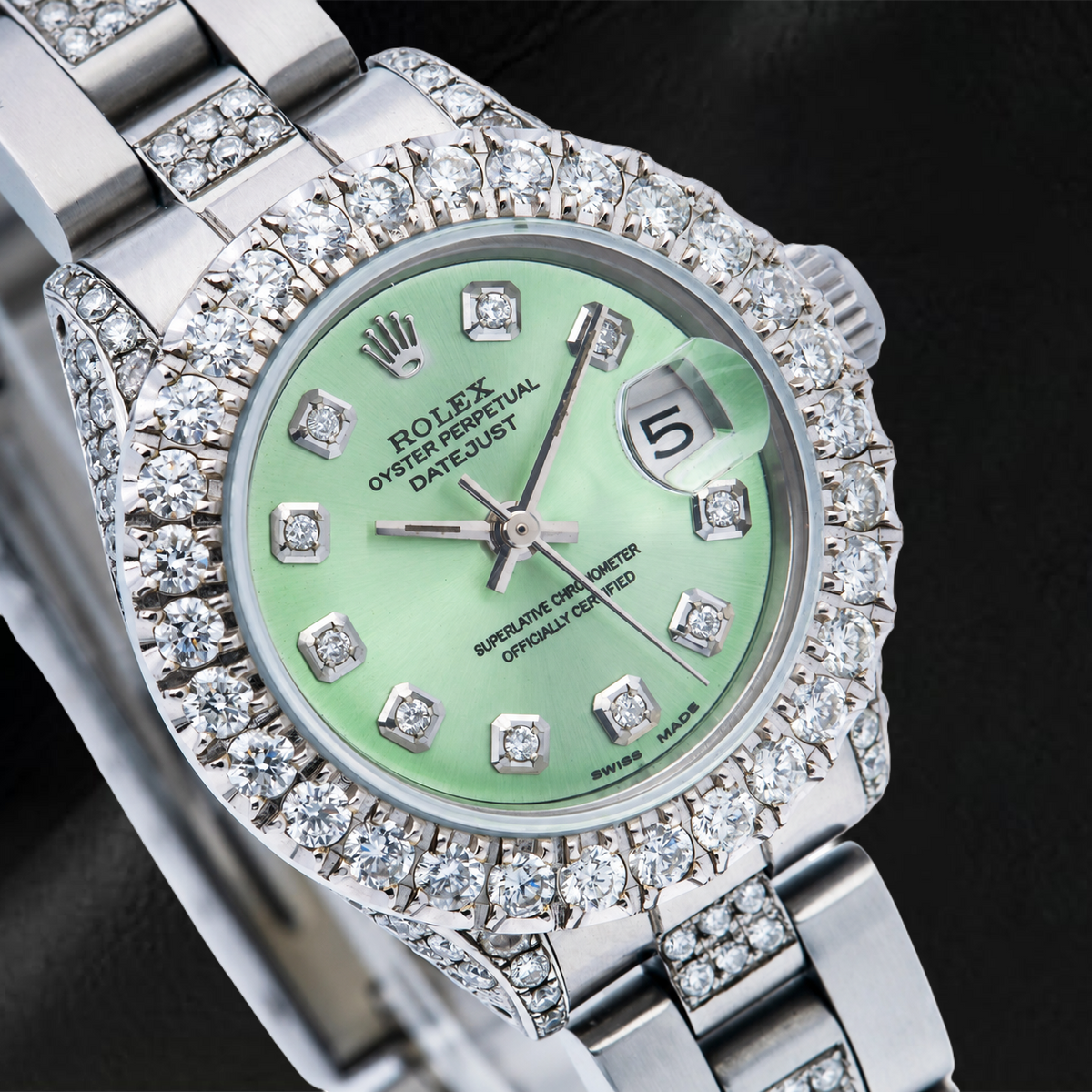 Rolex Datejust 69160 26mm Green Diamond Dial Stainless Steel Semi Diamonds Oyster Bracelet Watch
