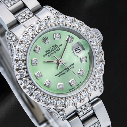 Rolex Datejust 69160 26mm Green Diamond Dial Stainless Steel Semi Diamonds Oyster Bracelet Watch