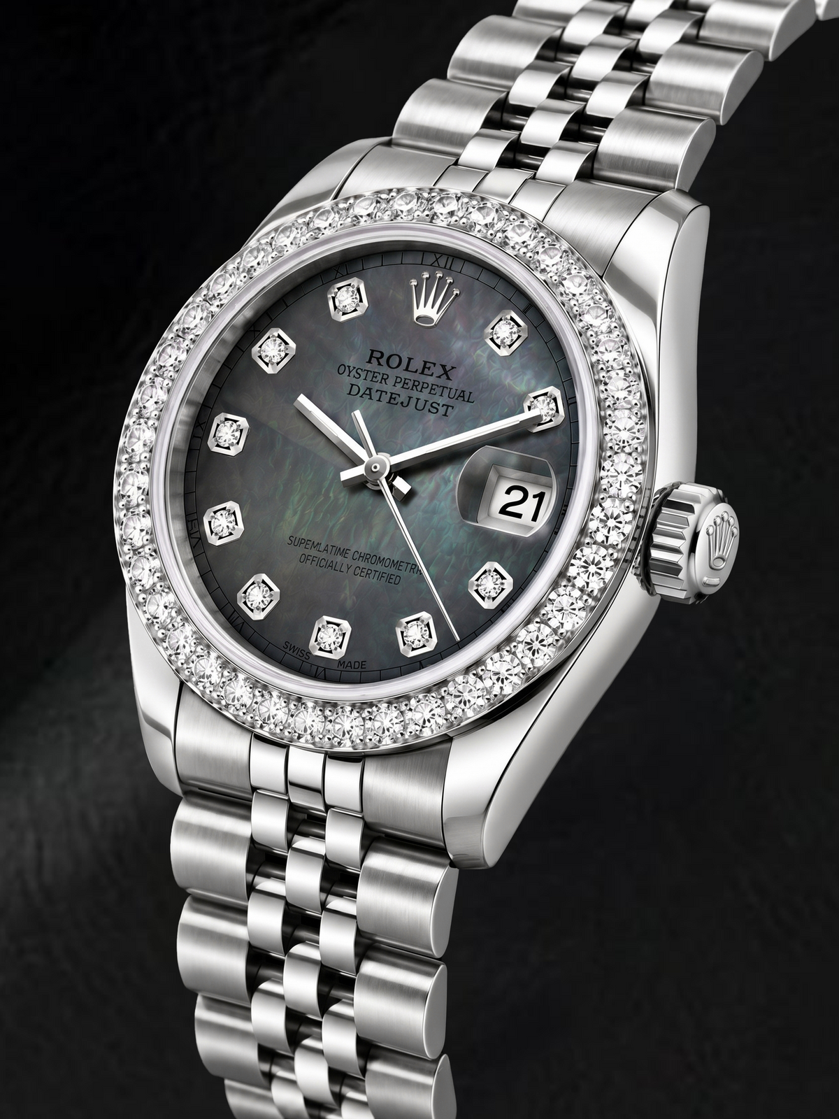 Rolex Datejust 6916 26mm Black Mother of Pearl Diamond Dial Stainless Steel Watch