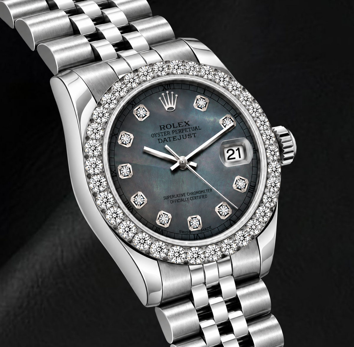 Rolex Datejust 6916 26mm Black Mother of Pearl Diamond Dial Stainless Steel Watch