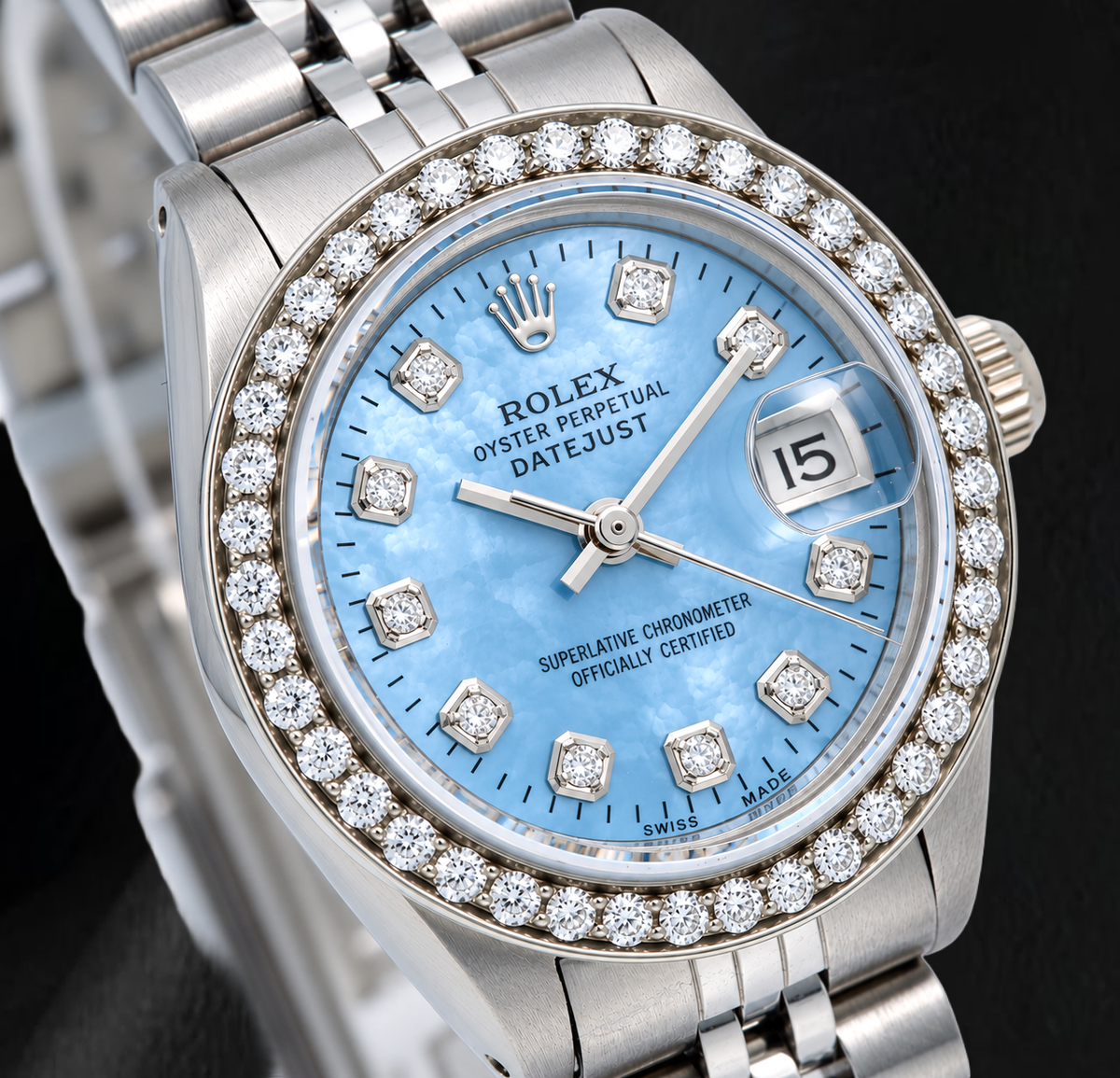 Rolex Datejust 6916 26mm Blue Mother of Pearl Diamond Dial Stainless Steel Jubilee Bracelet Watch